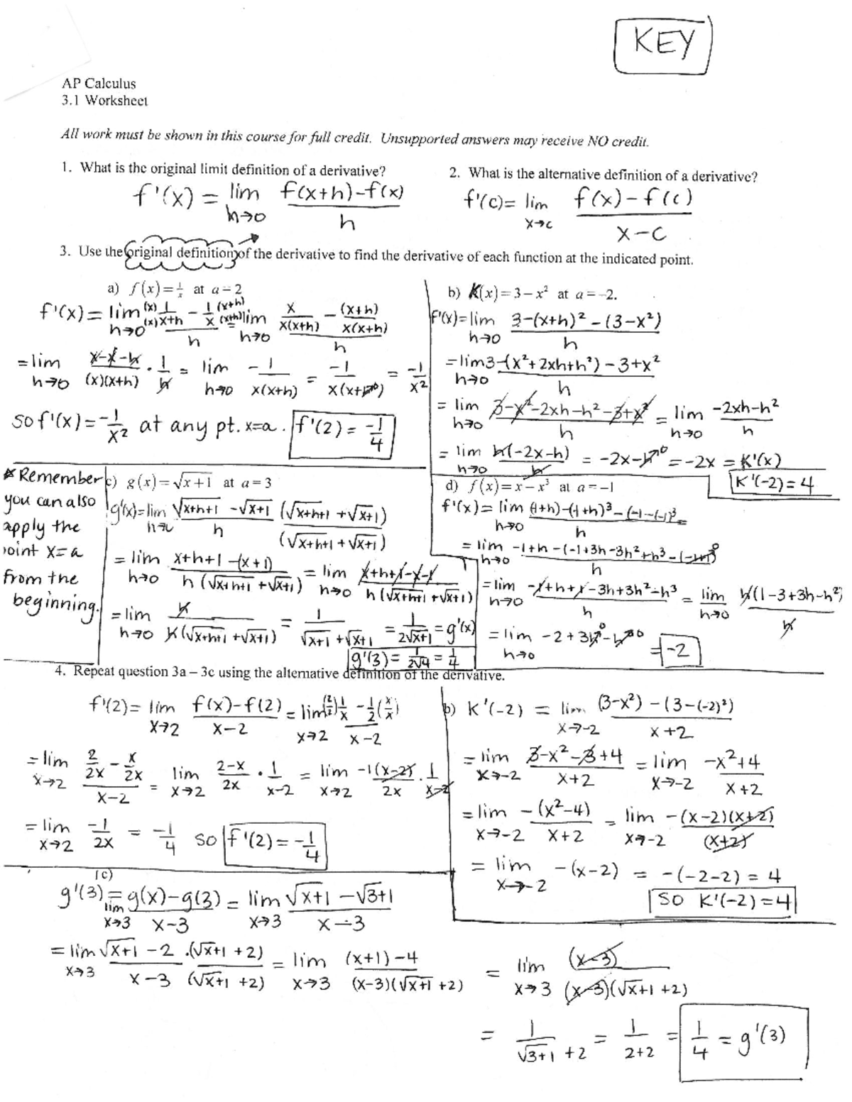 AP Calculus 3 Worksheet Solutions: Chapter 3a Questions & Answers - Studocu