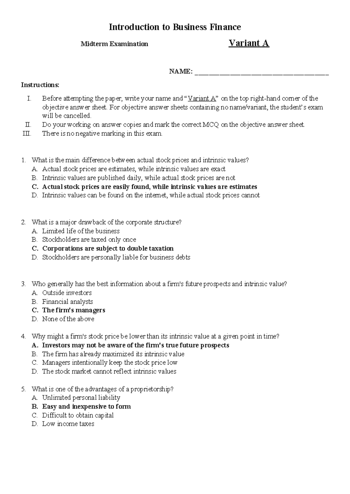 Introduction to Business Finance (Variant A) Midterm Exam Practice Quiz ...