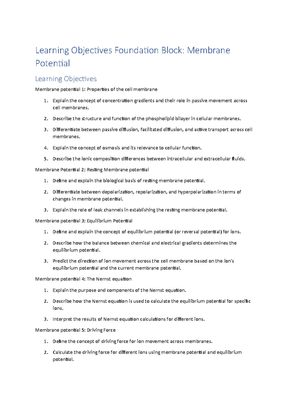 Foundation Block: Learning Objectives on Membrane Potential (RMP) - Studocu