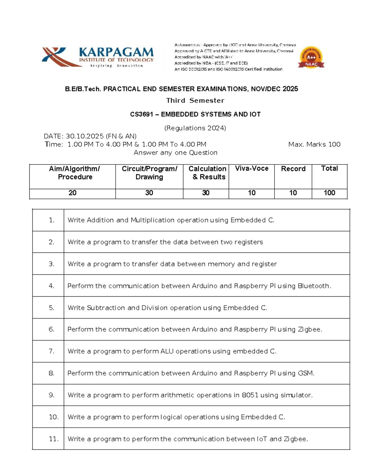 CS3691 Embedded Systems & IoT - Practical Exam Qs List 2025 - Studocu
