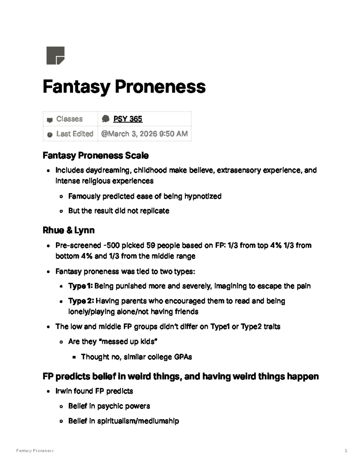 Fantasy Proneness Scale Insights - PSY 365 Final Exam Notes - Studocu