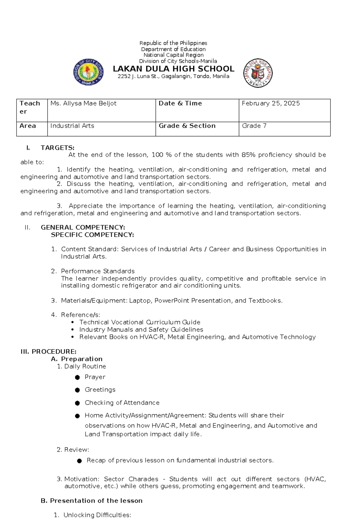 LP for HVAC - this is a sample of MATATAG Lesson Plan - Republic of the ...