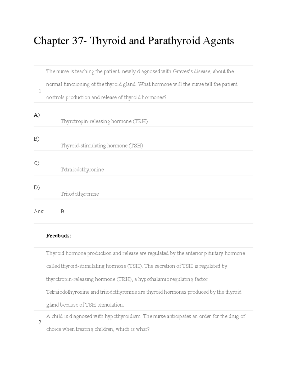 Ch37 - Nursing Pharmacology 6e Instructor Test Bank: Thyroid & Parathyroid Agents - Document Preview