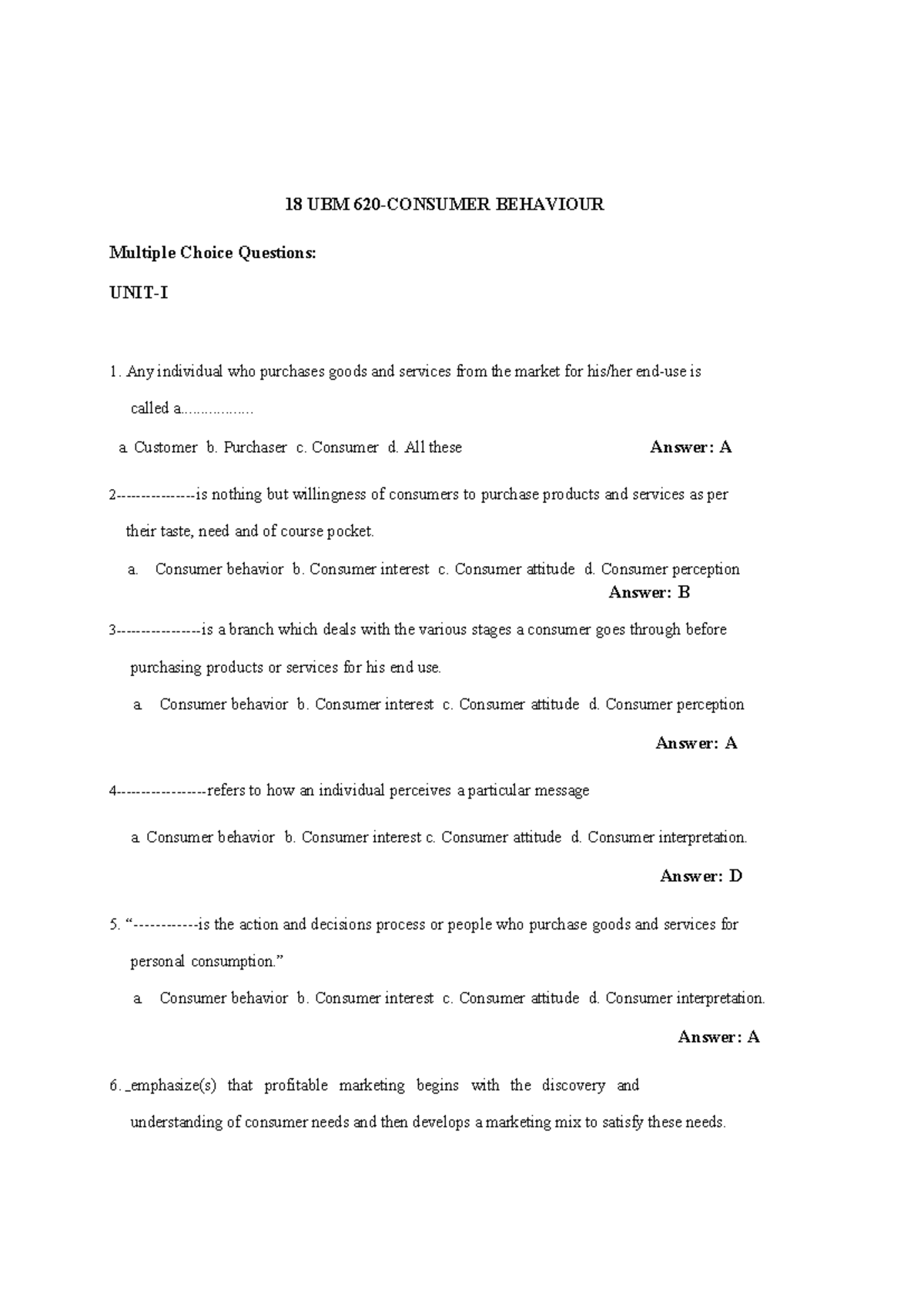 BBA 18UBM620 - Consumer Behaviour MCQs: Study Guide & Exam Prep - Studocu
