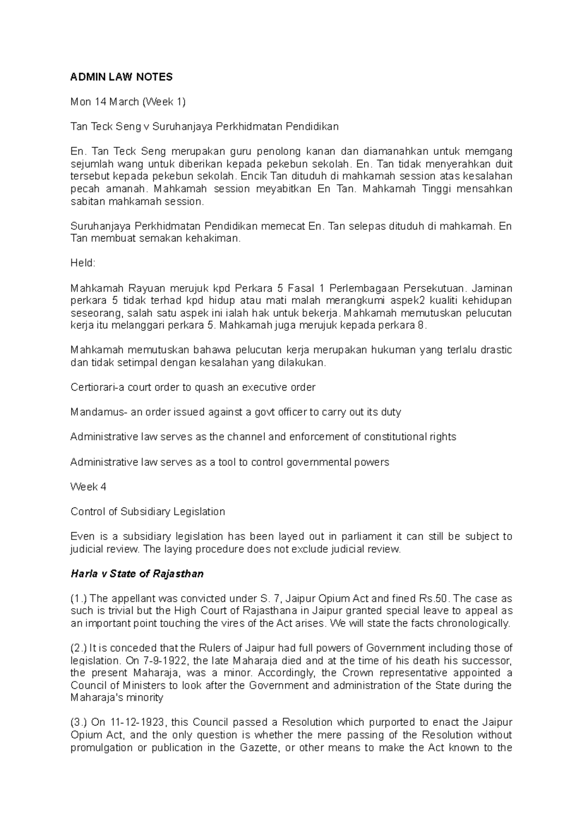 Admin LAW Lecture Notes: Weeks 1 & 5 Overview and Key Cases - Studocu