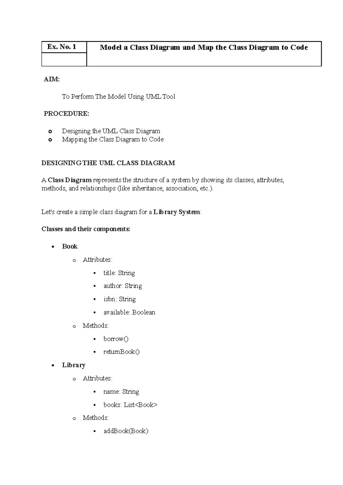 SE 4111 Experiment 1 - Lab - Ex. No. 1 Model a Class Diagram and Map ...