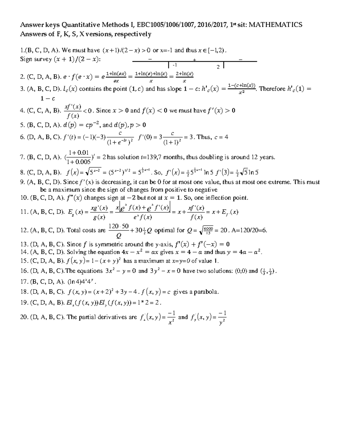 Answer Keys for Quantitative Methods I (MATHEMATICS) - 1st Sit ...