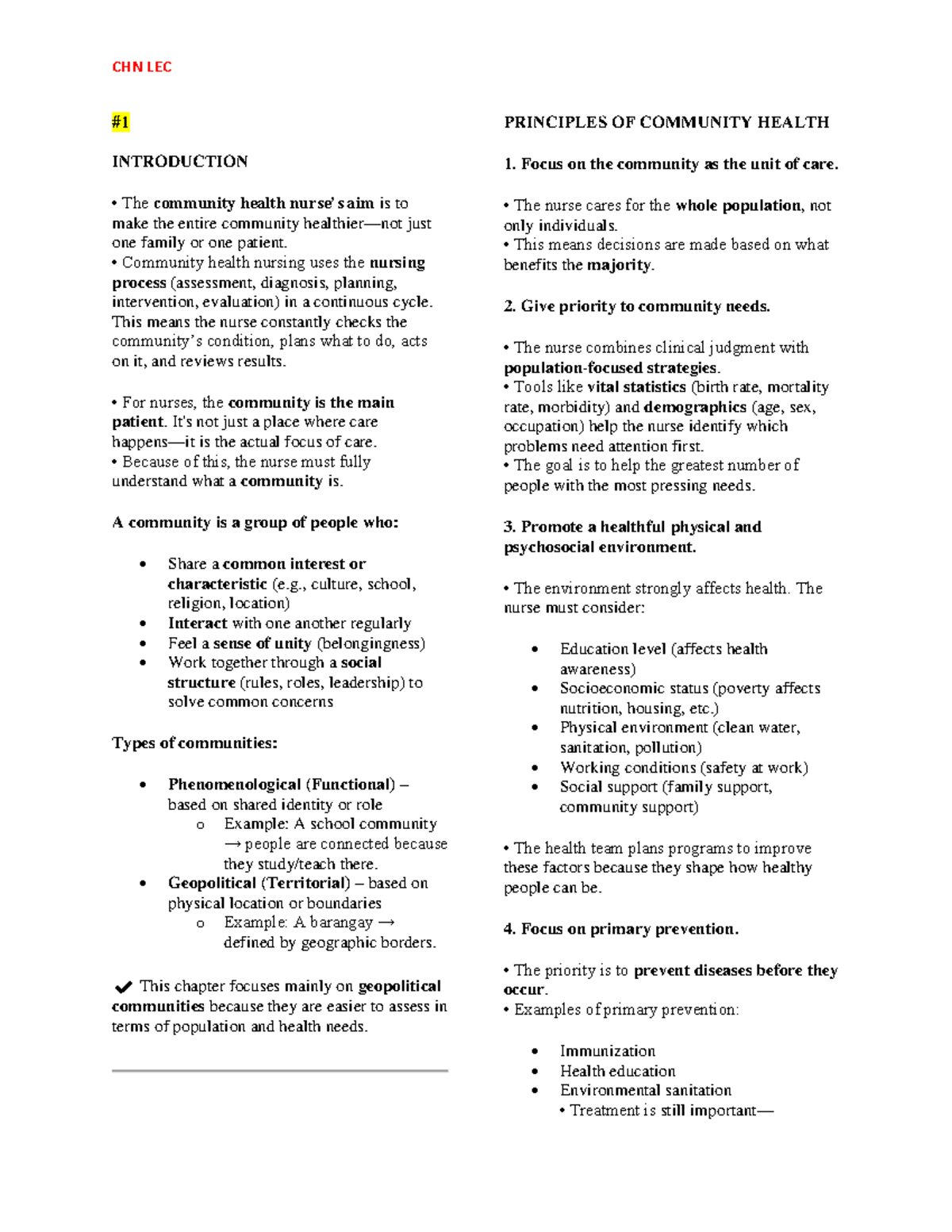 CHN LEC: Principles of Community Health Overview and Key Concepts - Studocu
