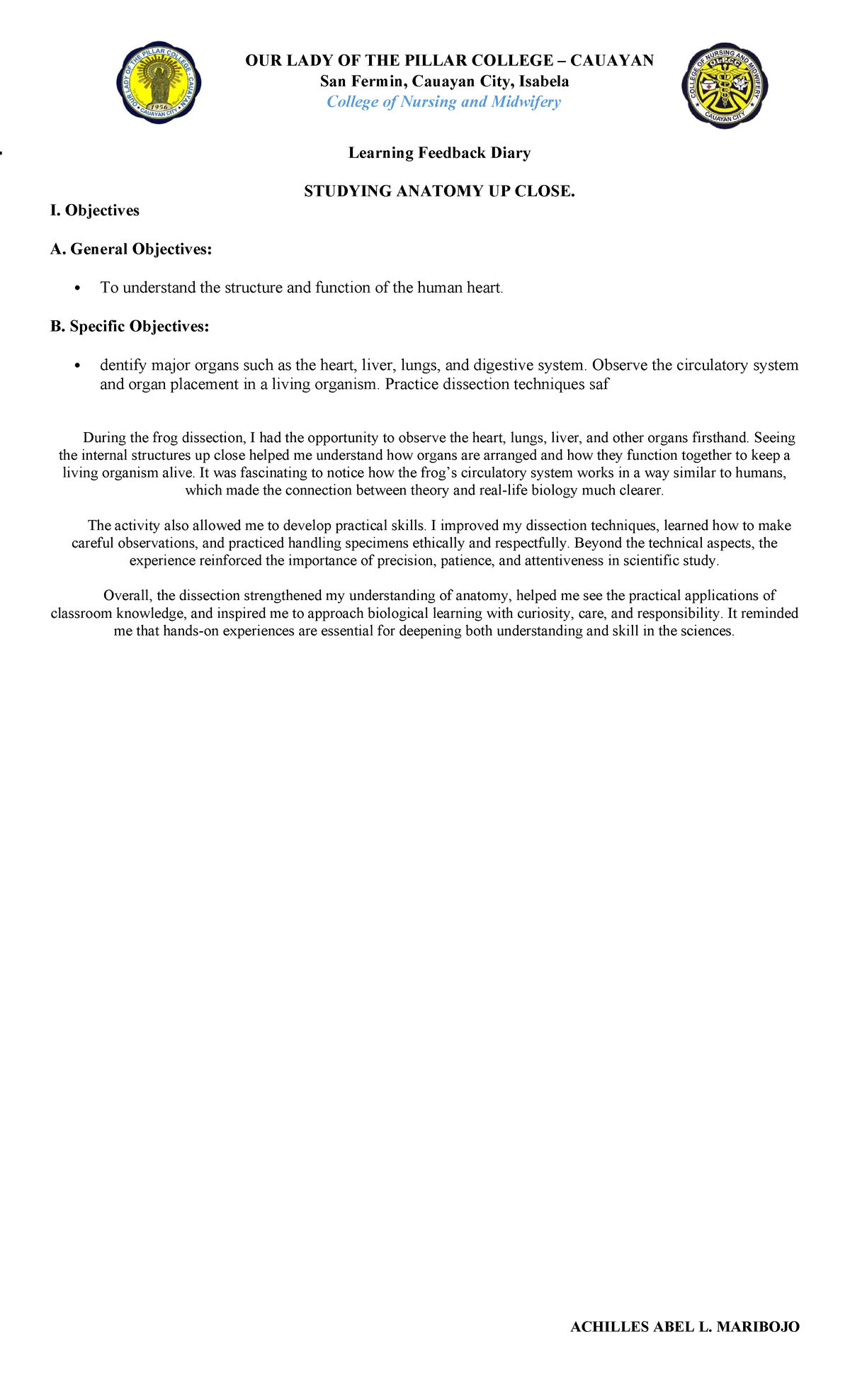 FROG Dissection Activity Diary - Anatomy Study Insights - Studocu