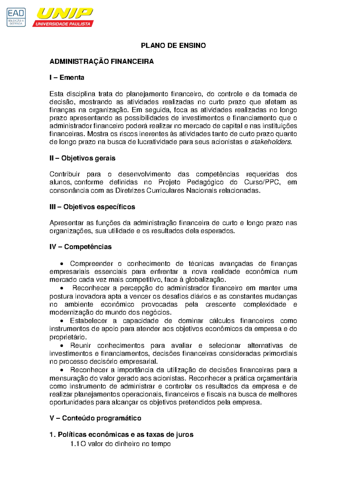 PLANO DE ENSINO: ADMINISTRAÇÃO FINANCEIRA I - Ementa e Conteúdos - Studocu