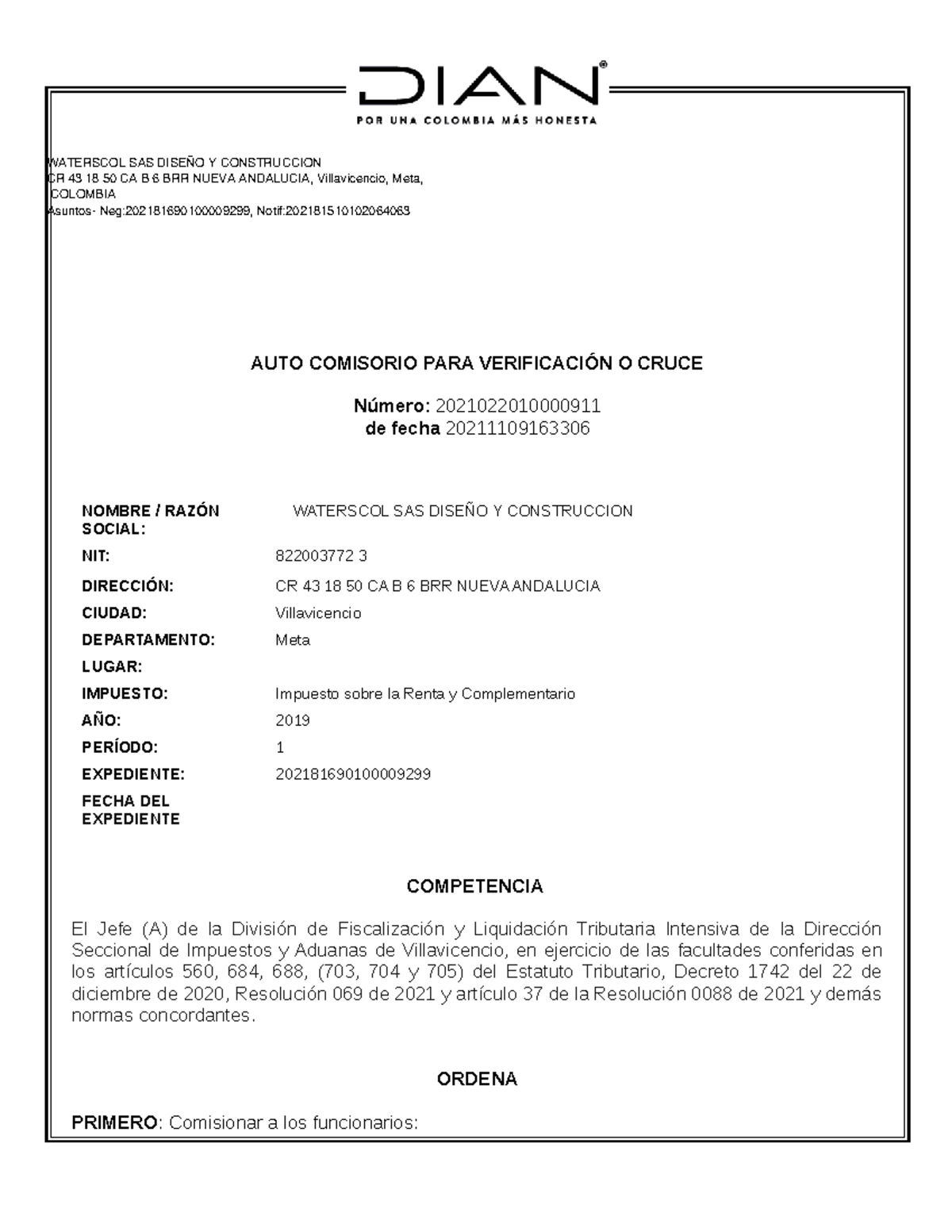 Auto Comisorio para Verificación - WATERSCOL SAS 2021-2019 - Document Preview
