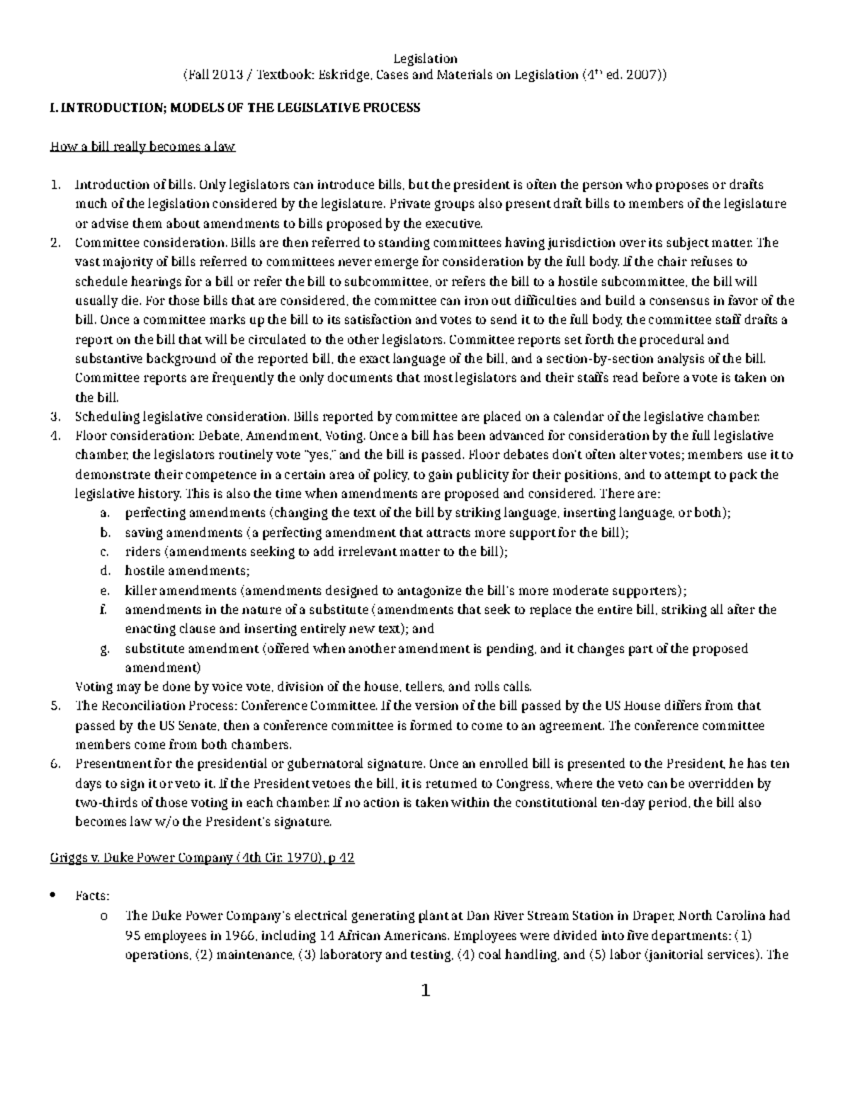 Legis Law Outline - Fall 2013 Study Notes on Legislative Process - Studocu