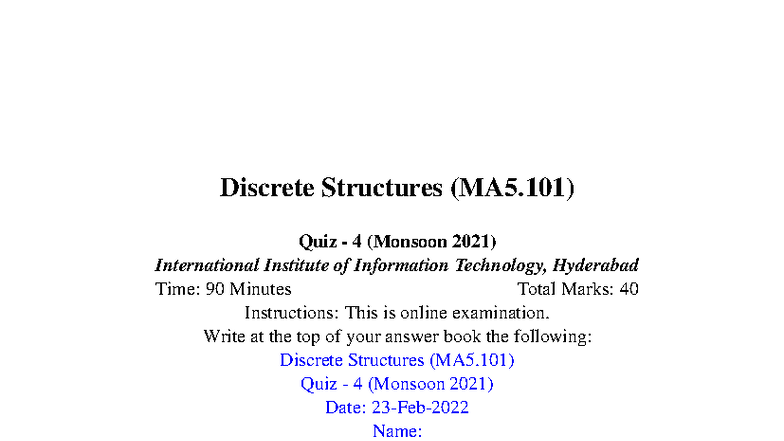 Quiz 4 - assign - Discrete Structures (MA5) Quiz - 4 (Monsoon 2021 ...