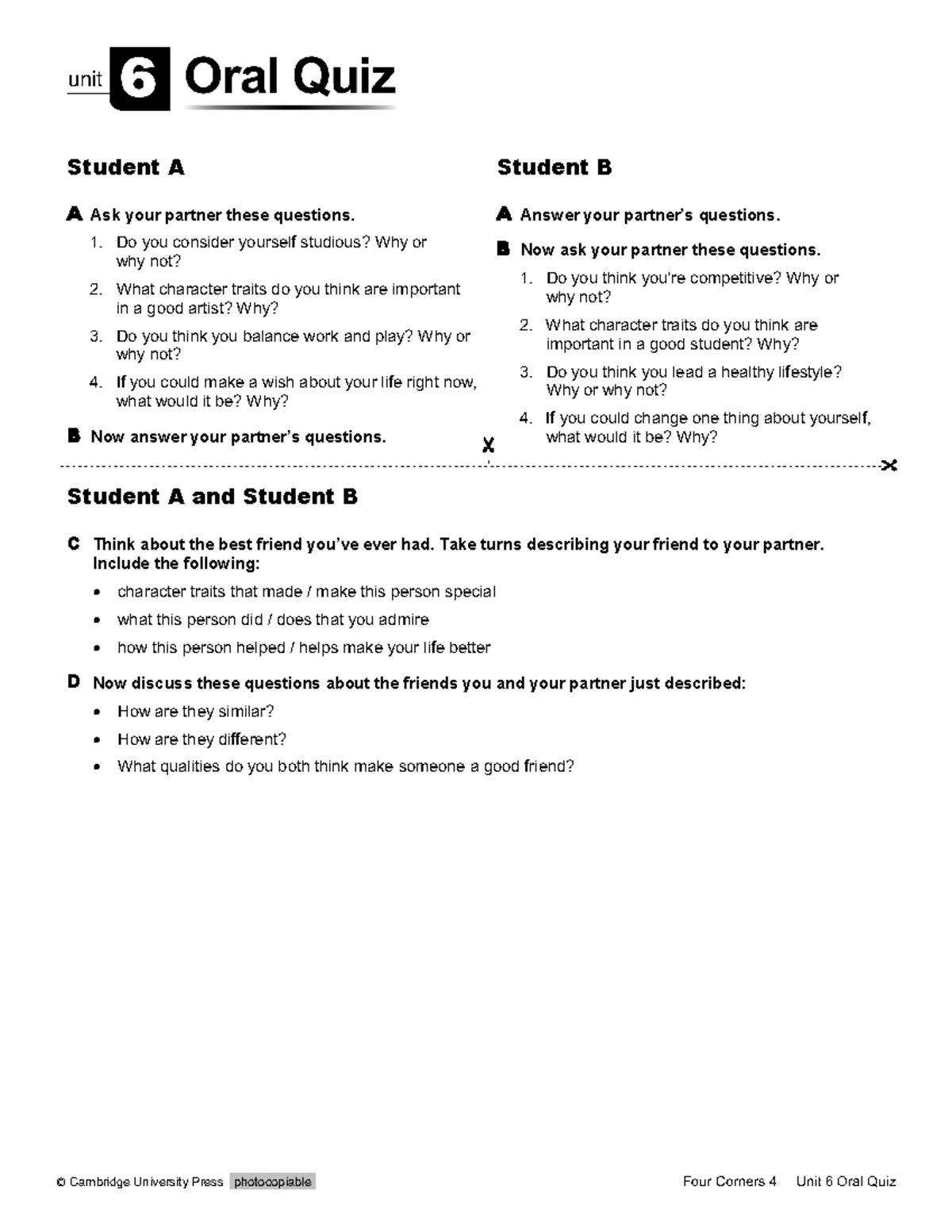 FC4 Unit 6 Oral Quiz - Partner Questions & Discussion Activity - Studocu