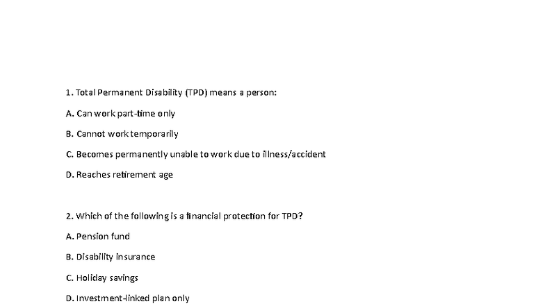 Chapter 7 Exercise: Understanding TPD and Insurance Concepts - Studocu