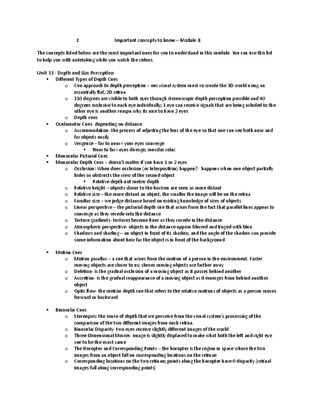 Module 8 Study Guide: Depth & Size Perception - PSYC230 UIUC - Studocu