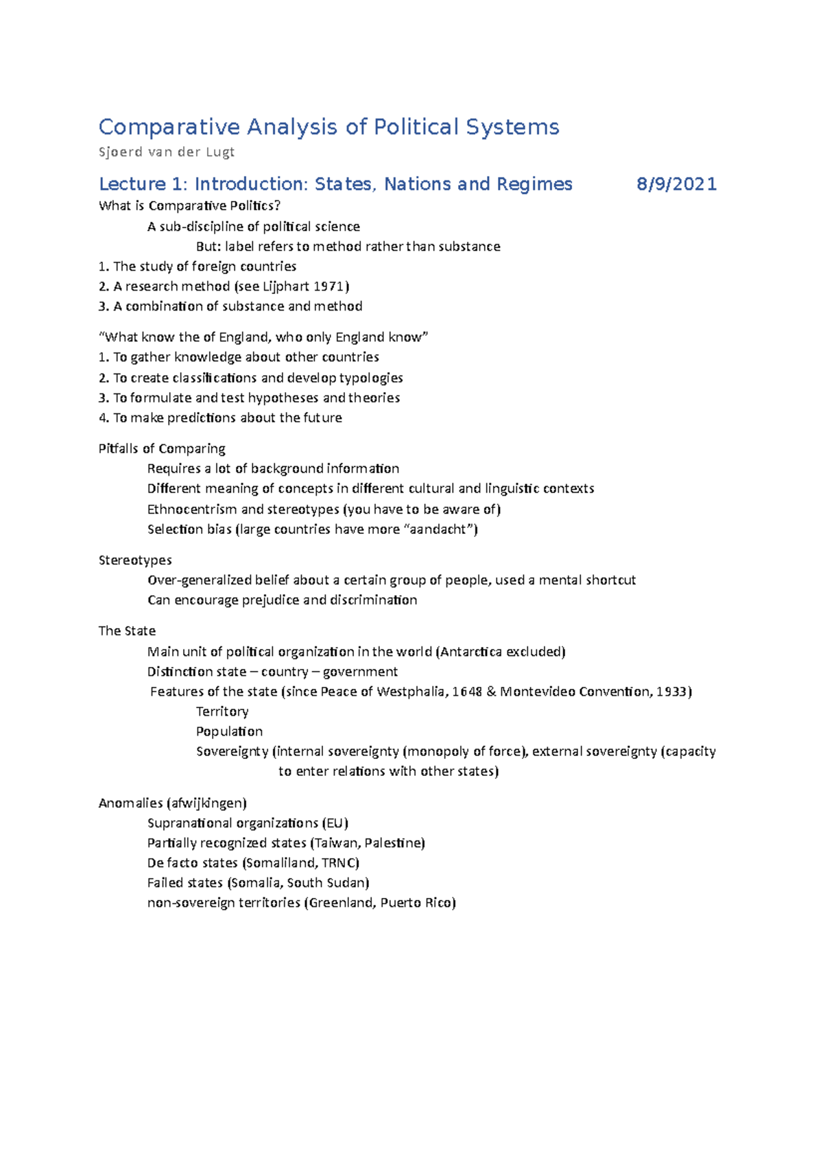 Comparative Analysis of Political Systems: Lecture Notes for POLI 101 ...