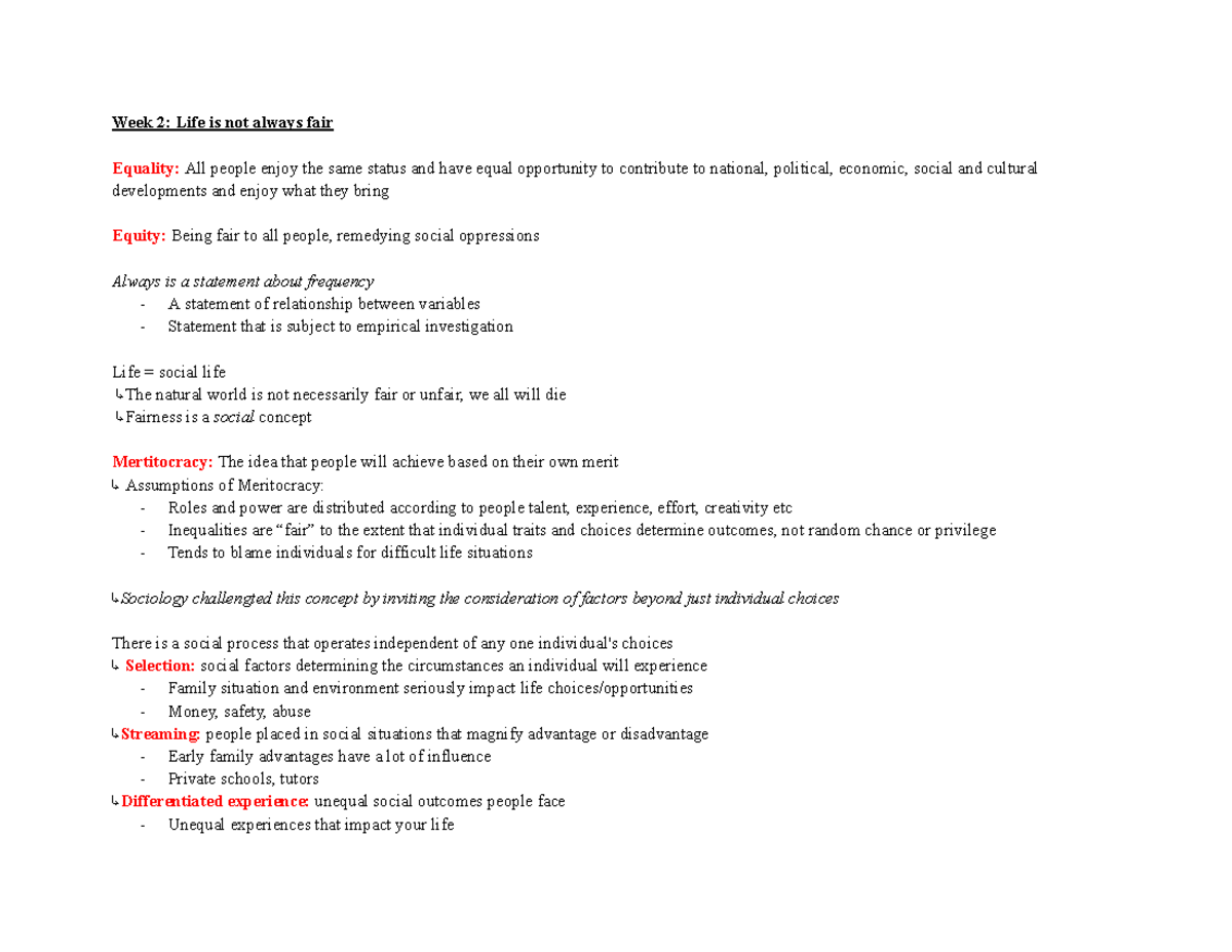 Sociology 101: Week 2 Lecture Notes on Equality and Inequality - Studocu