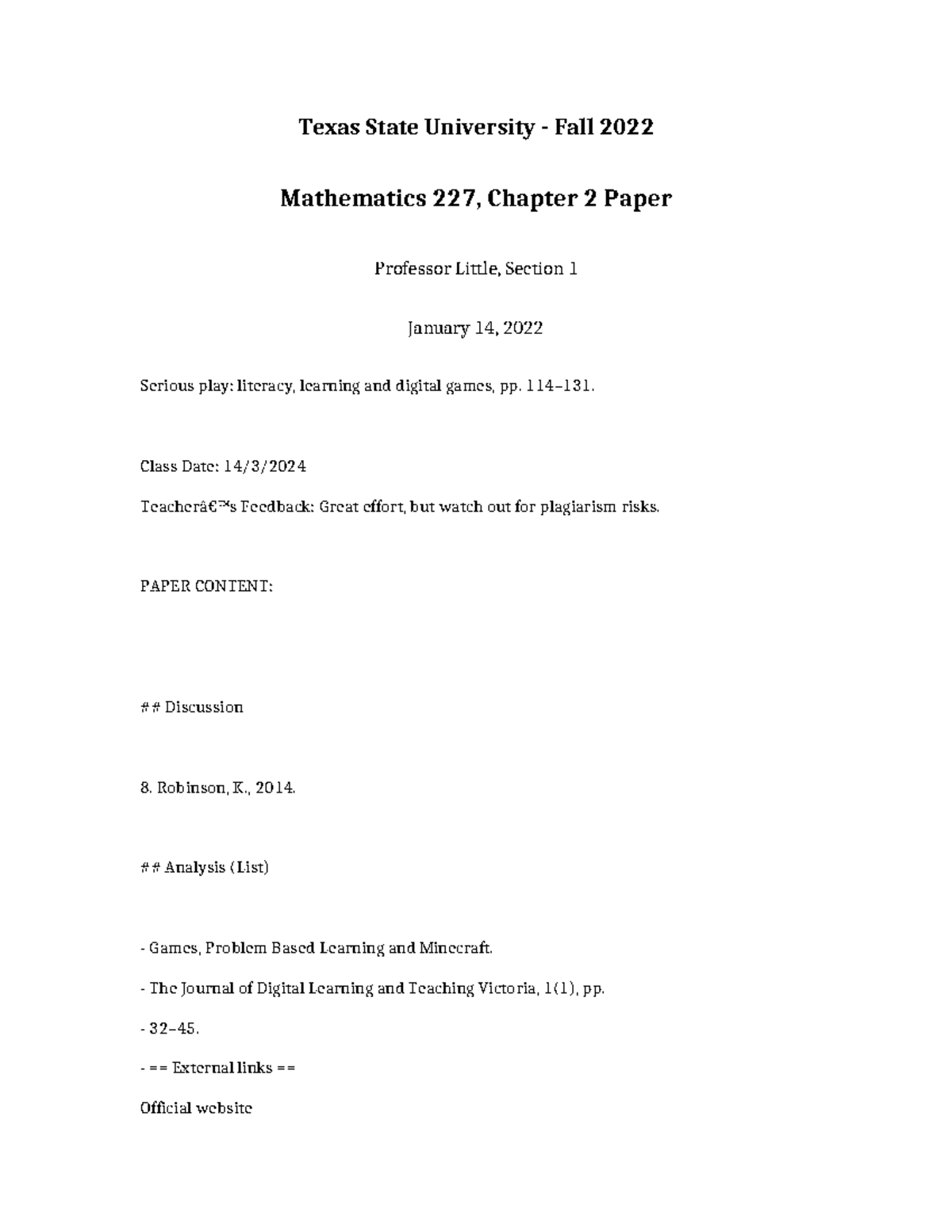 Mathematics 227 Chapter 2 Paper - Texas State University - Fall 2022 ...