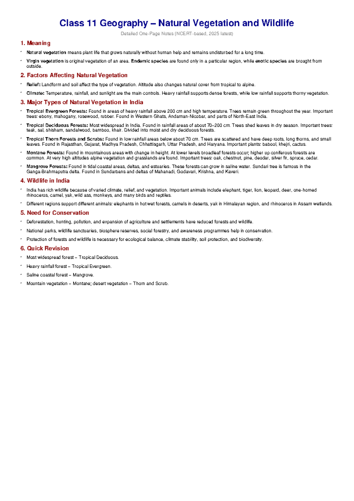 Class 11 Geography: Natural Vegetation & Wildlife Notes (2025) - Studocu