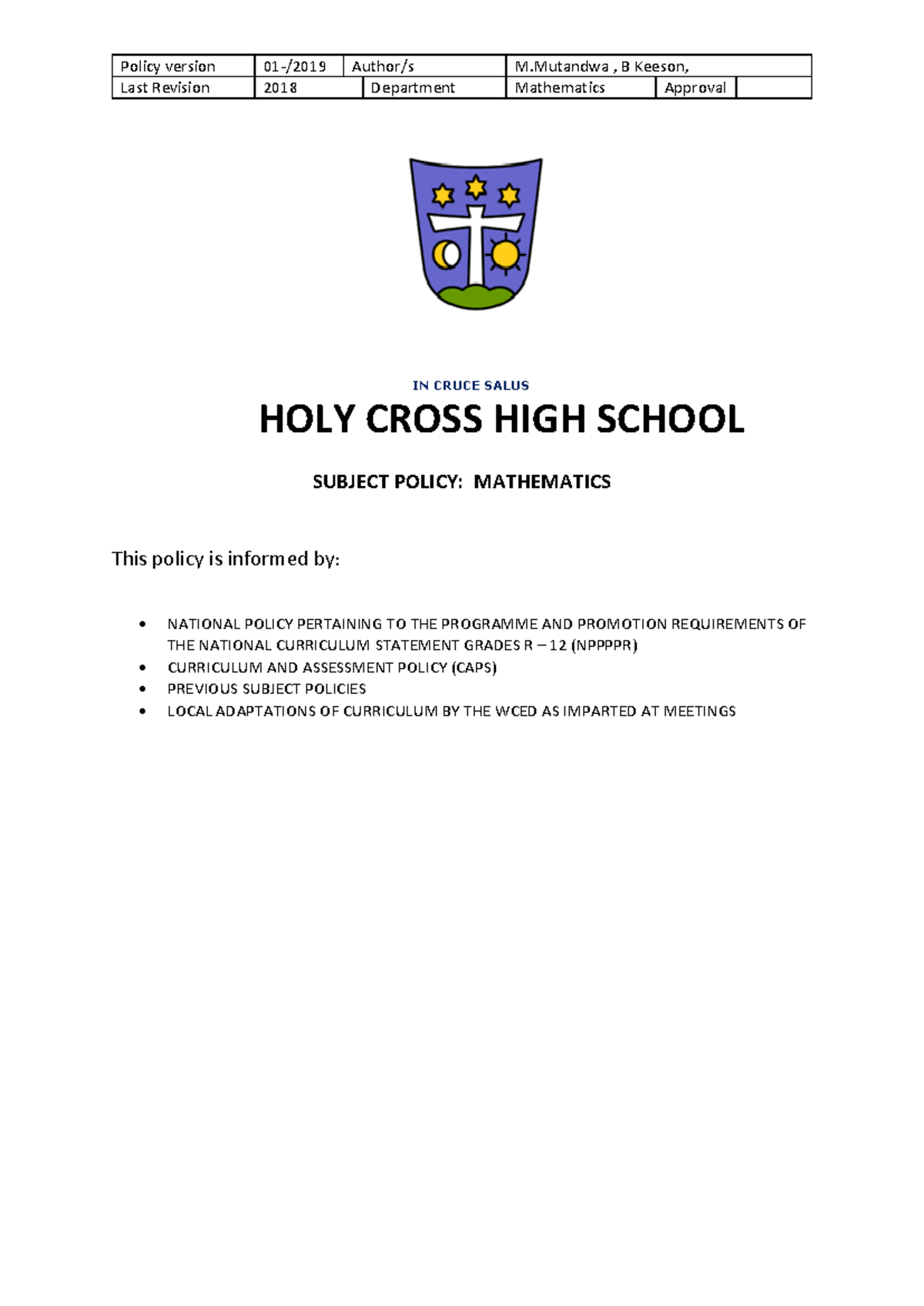 Mathematics Policy Document (6200) - Last Revision 2018 - Studocu