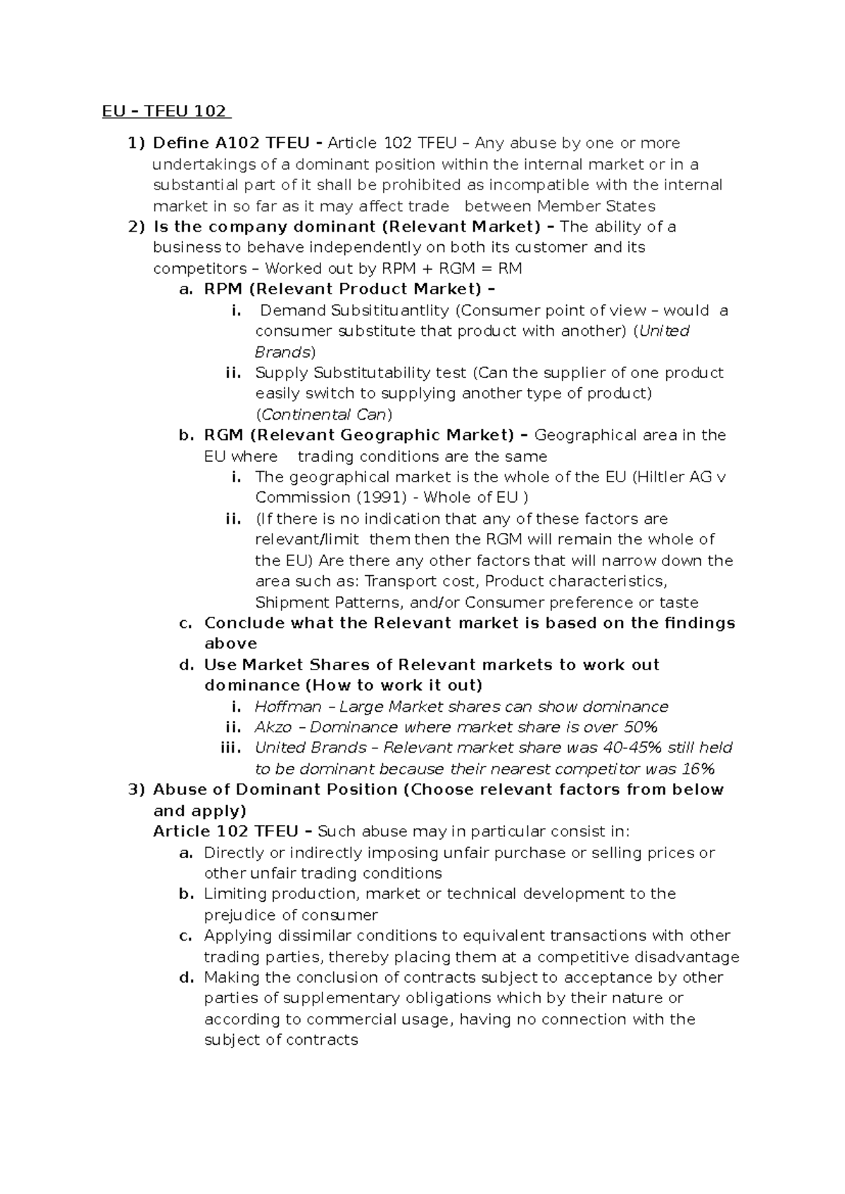 Engage Task 1 (8) - EU – TFEU 102 Define A102 TFEU - Article 102 TFEU ...