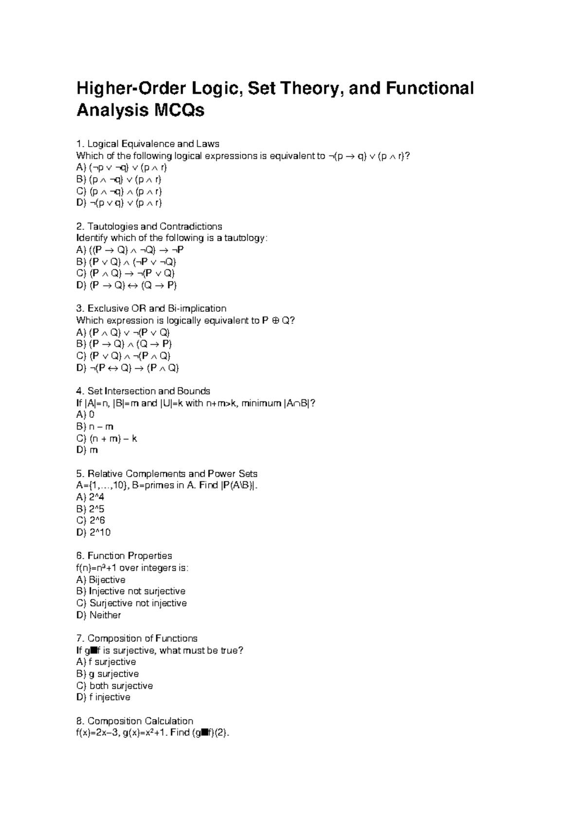 Logic, Set Theory, and Functional Analysis MCQs - ITN - Studocu