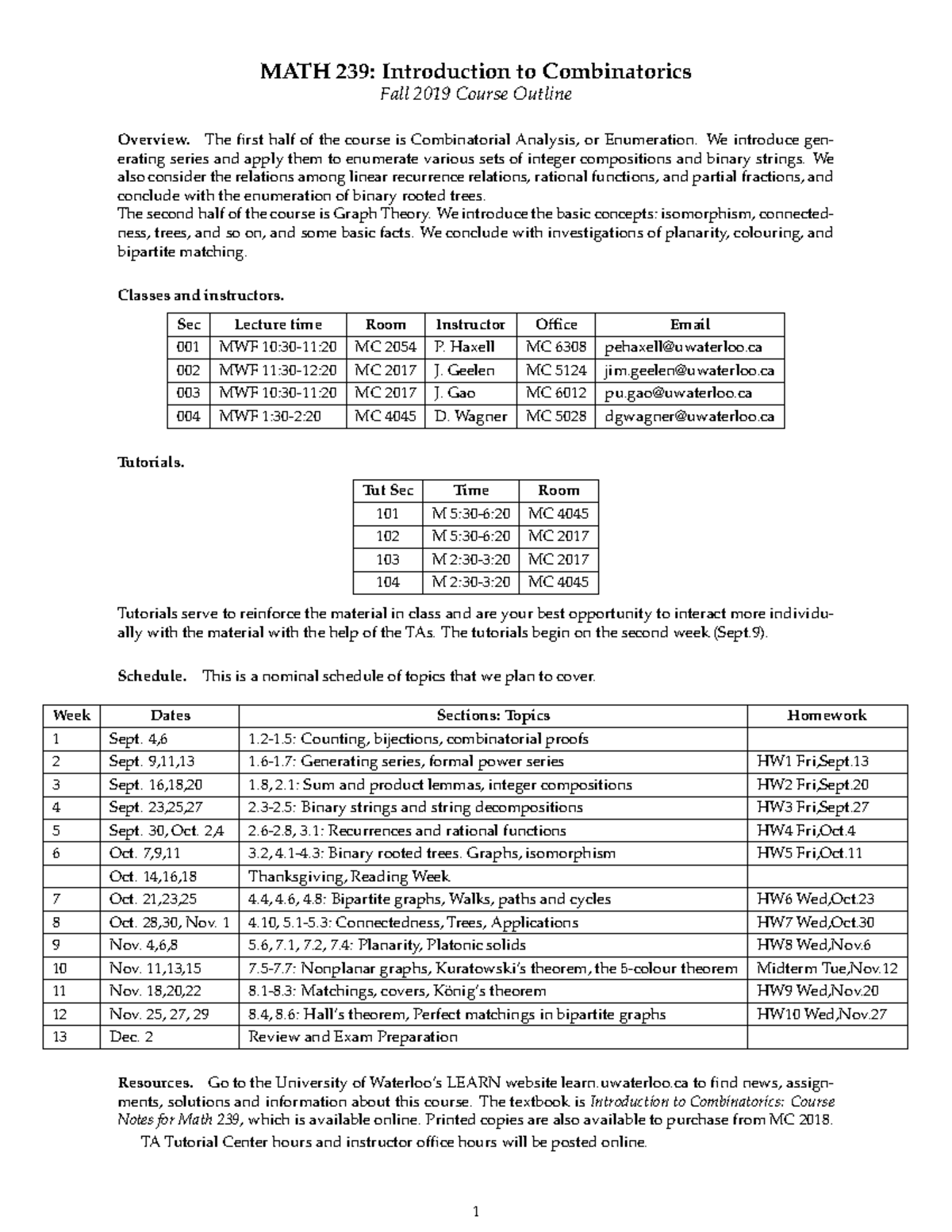 MATH 239: Combinatorial Analysis & Graph Theory Course Outline - Studocu