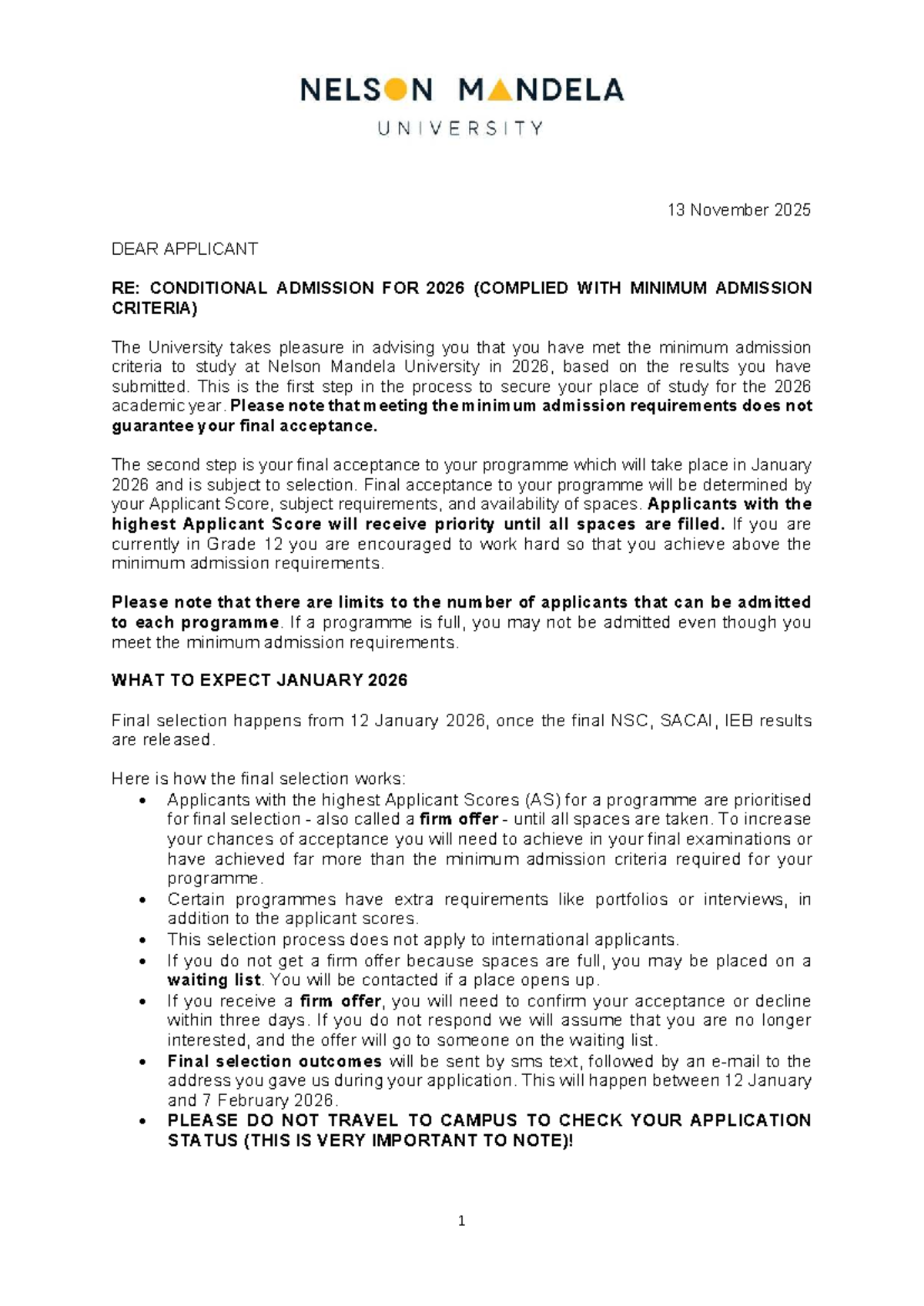 NMU 2026 Conditional Admission Info for Applicants - Studocu