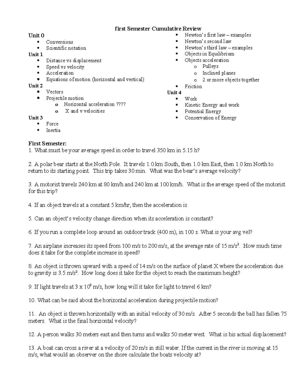 1st Semester Physics Final Review: Key Concepts & Practice Problems ...