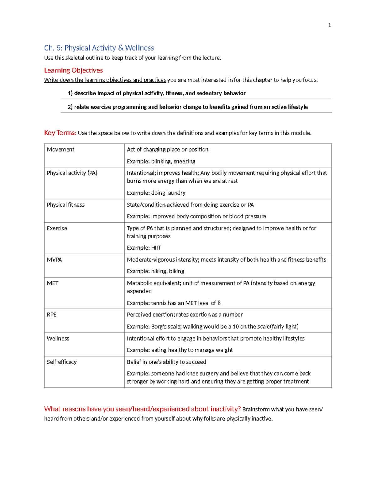 Ch 5 Physical Activity & Wellness Guided Study Notes for MS/ME - Studocu