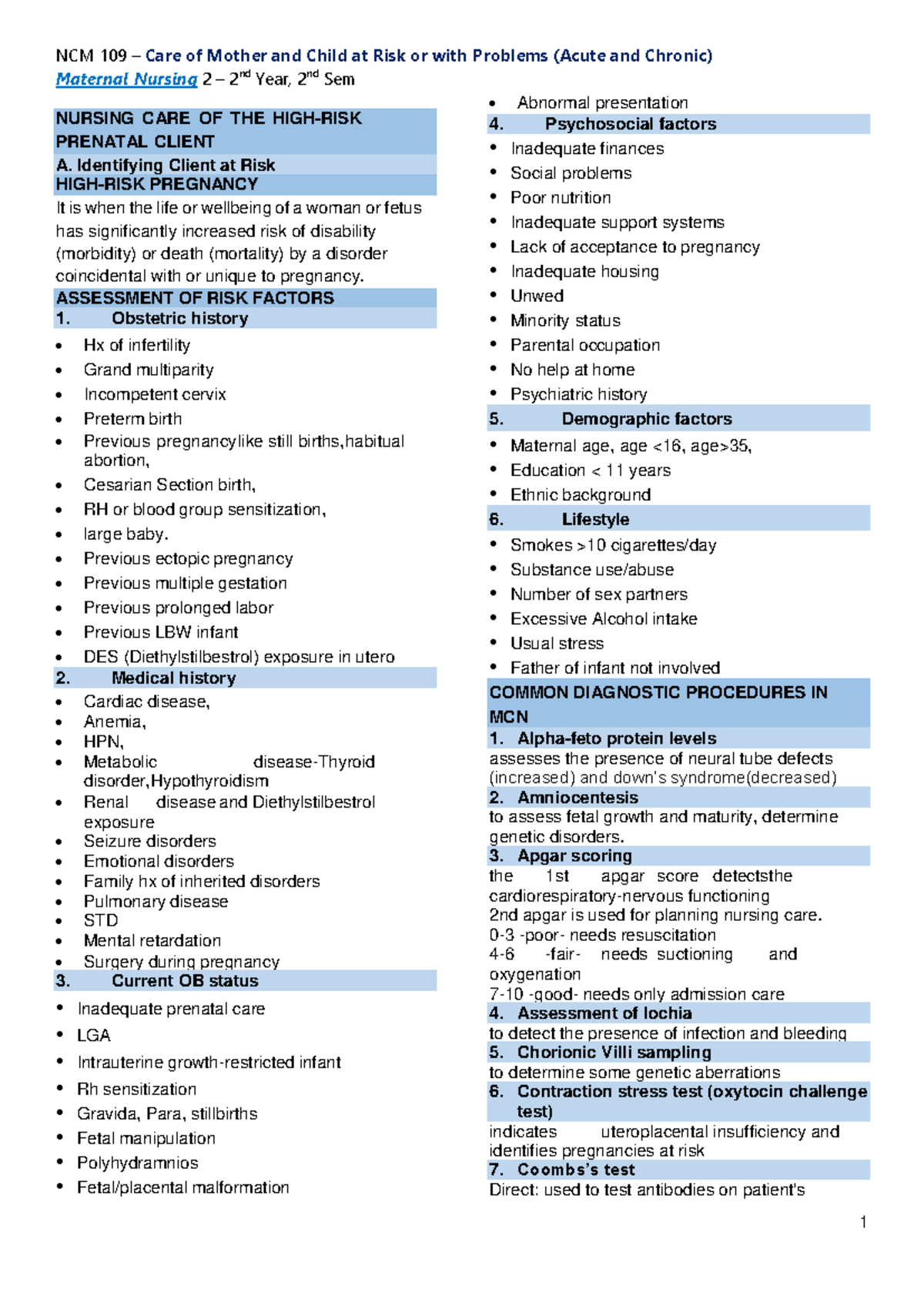 NCM 109 Maternal Nursing 2: High-Risk Pregnancy Midterm Study Guide - Document Preview