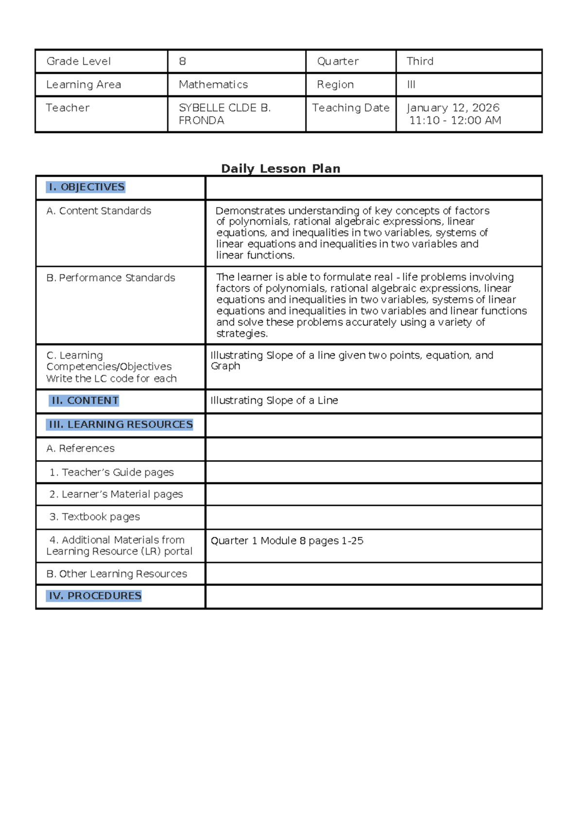 Grade 8 Math Lesson Plan: Illustrating Slope of a Line - Studocu