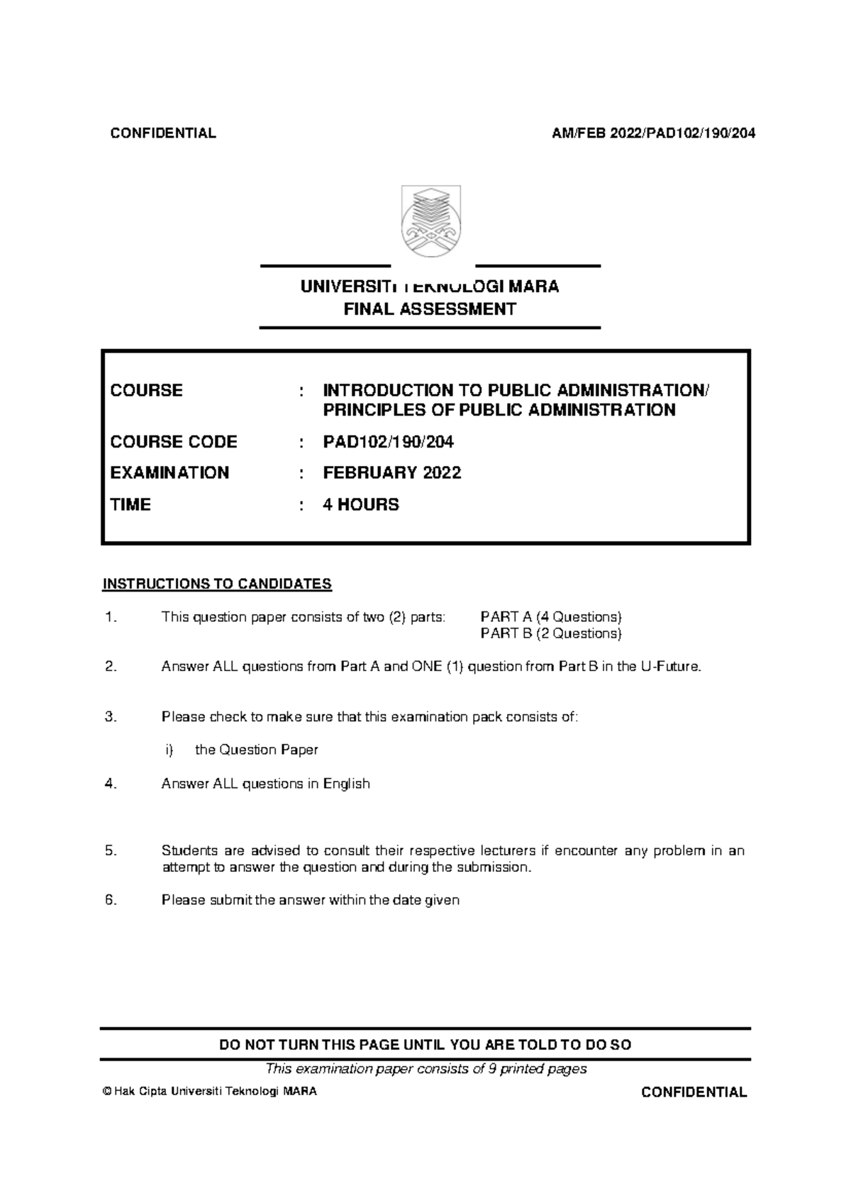 PAD102 Final Exam Paper 2022 - Intro to Public Administration - Studocu