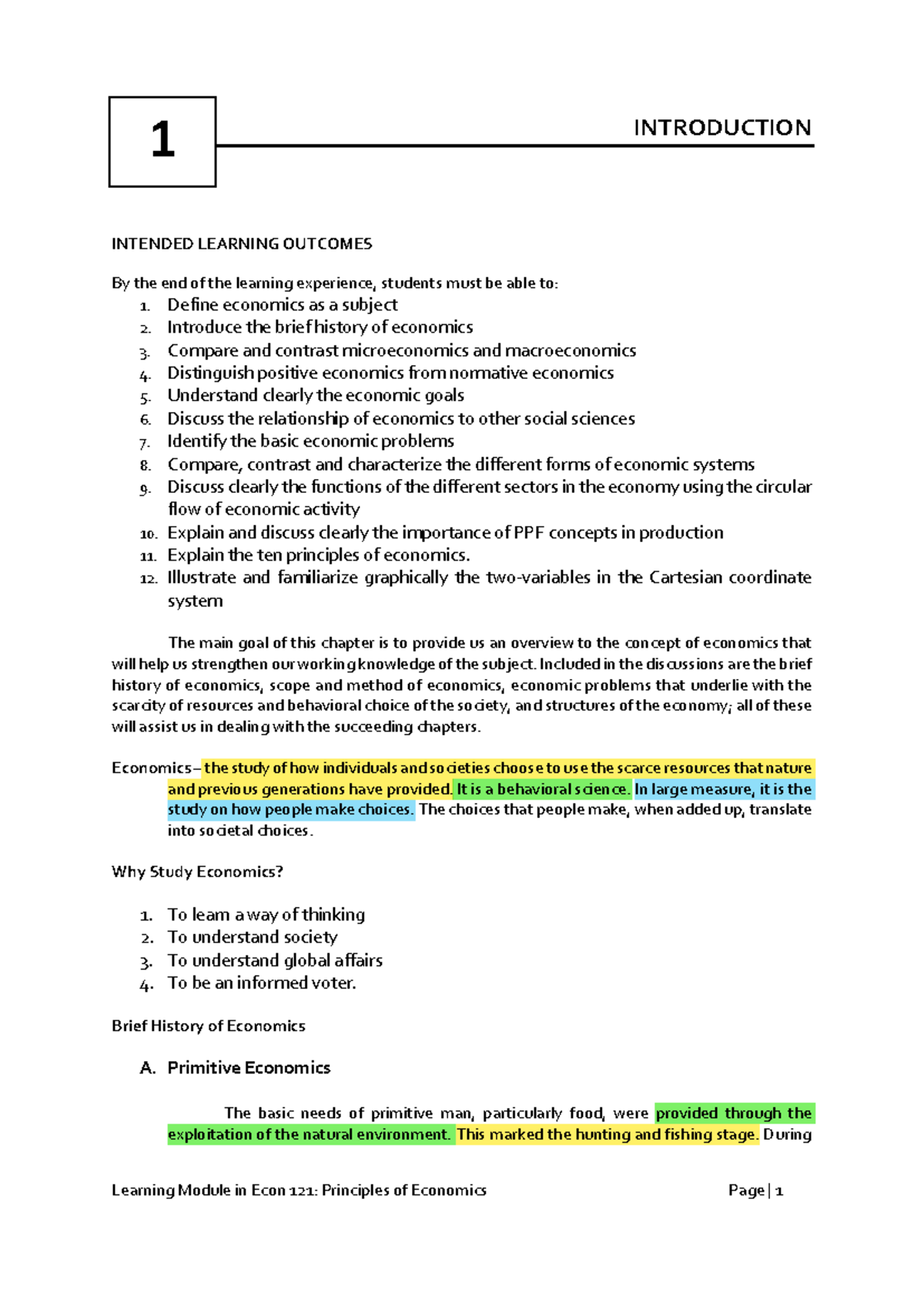 Econ 121: Chapter 1 - Introduction to Economics and Key Concepts - Studocu