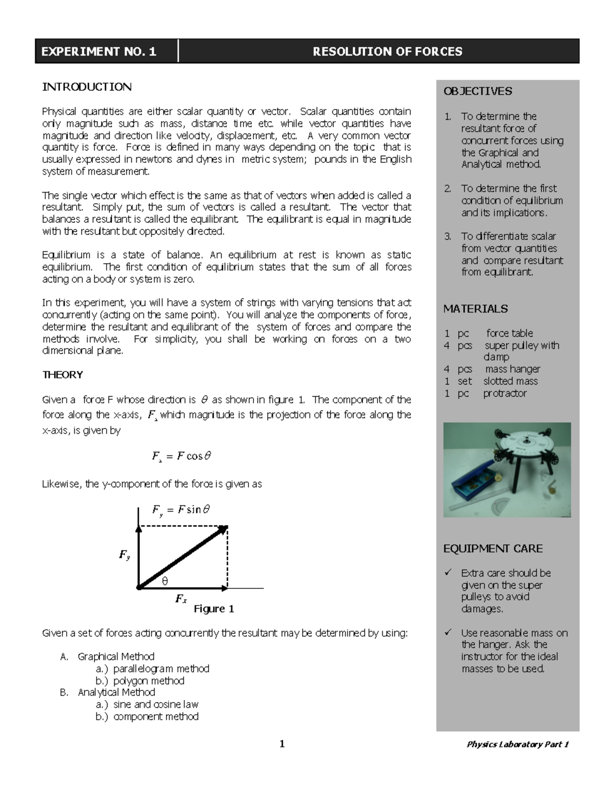 E1 - Experiment on Graphical and Analytical Vector Algebra - Studocu