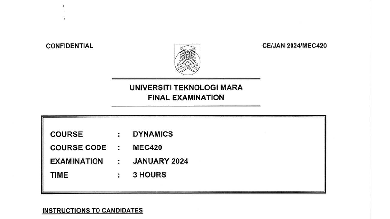 MEC420 - Dynamics Final Exam Past Year Questions (Jan 2024) - Studocu