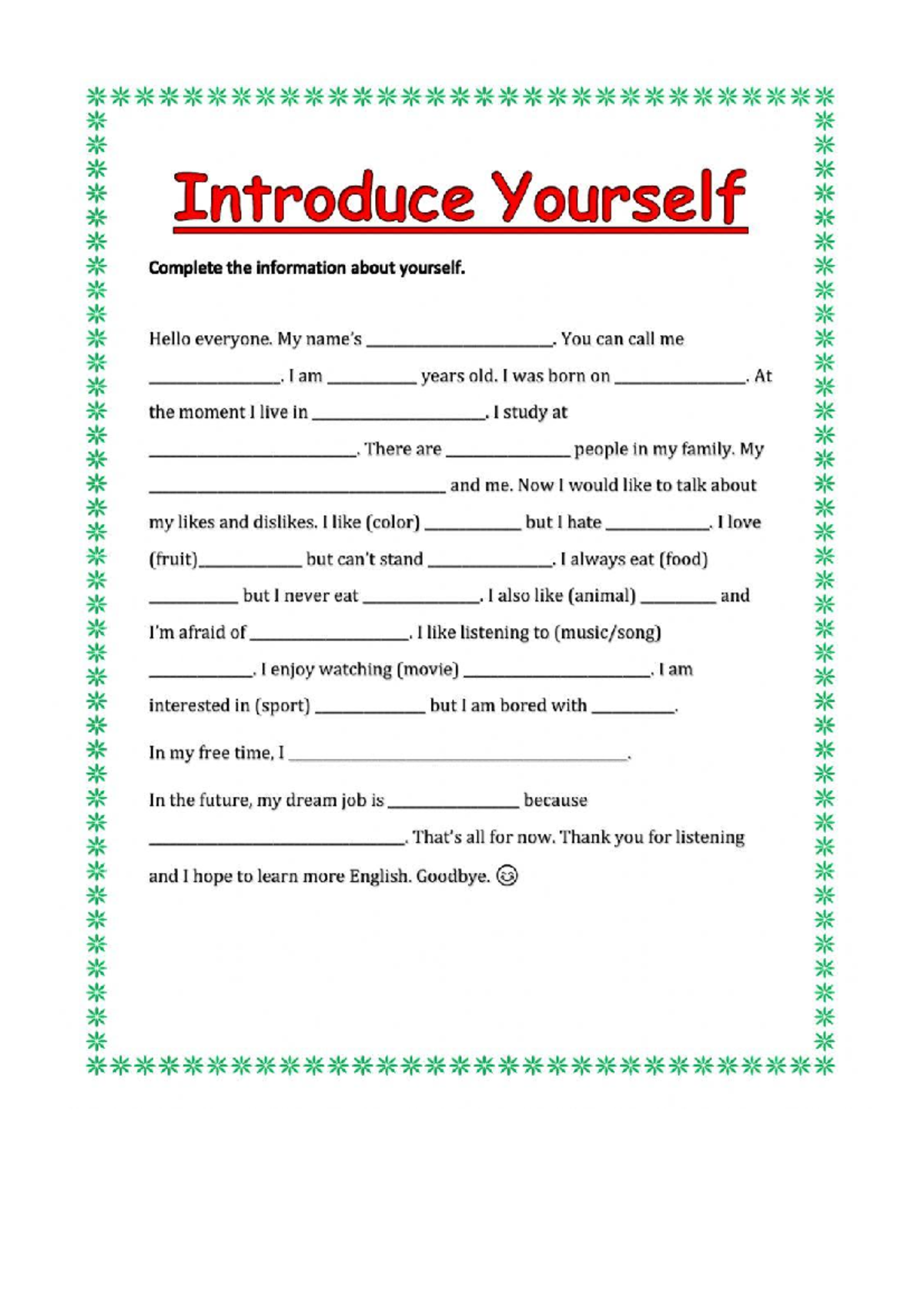 ENG 101: Self-Introduction Assignment - Personal Information ...