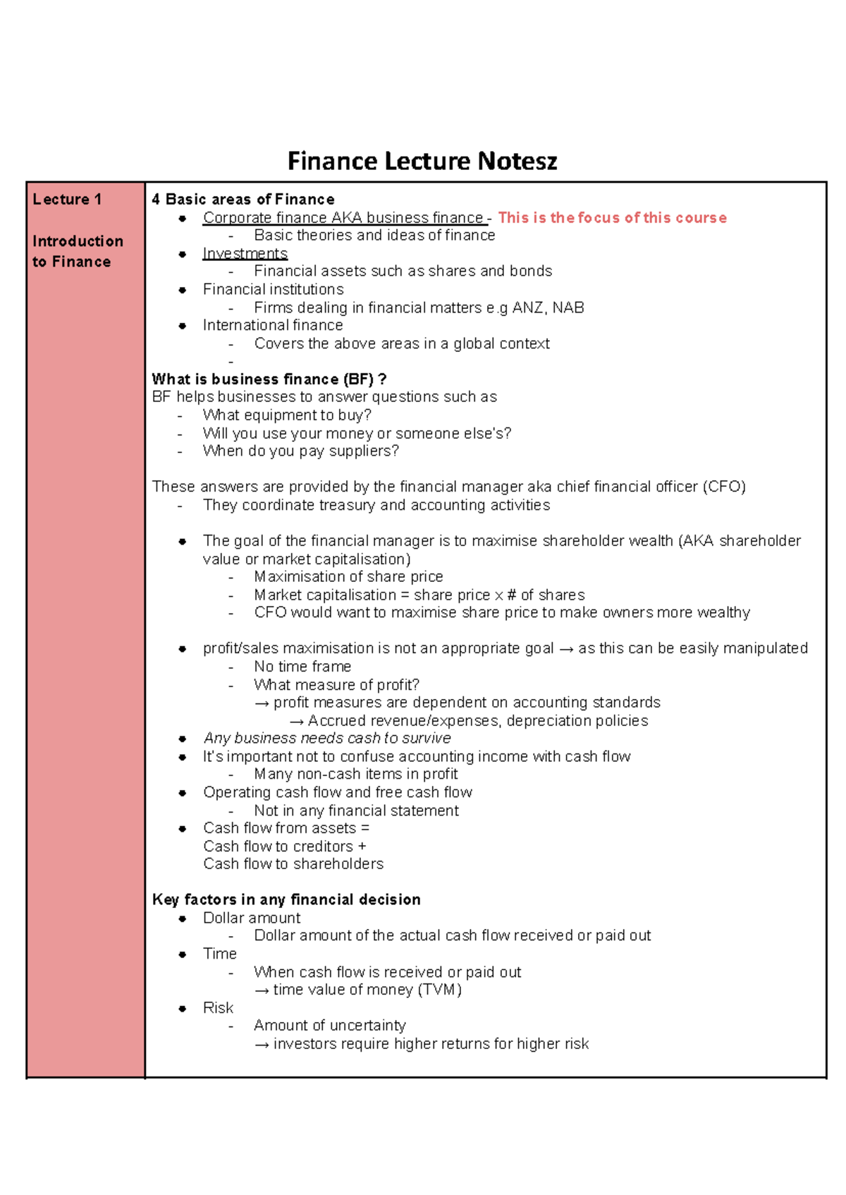 Finance Lecture Notes (FIN101): Introduction to Key Concepts - Studocu