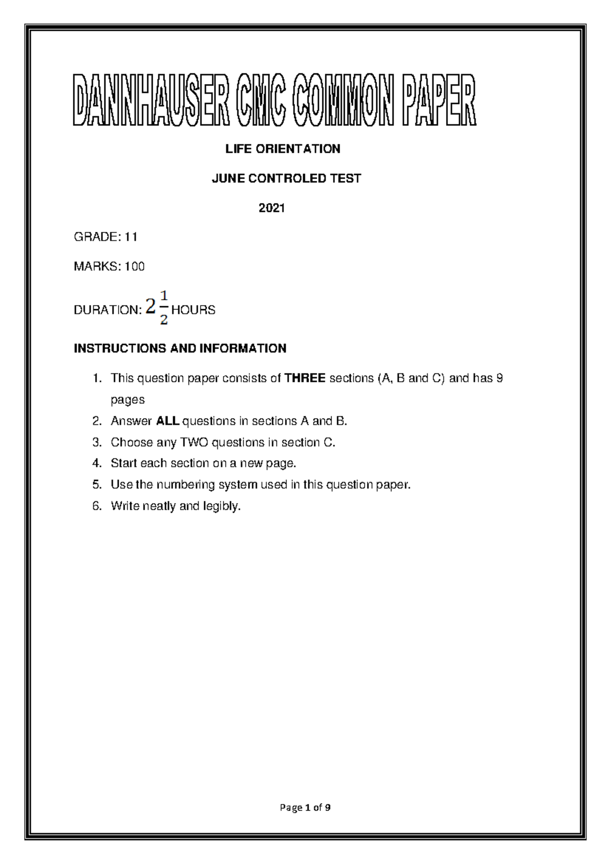 LO Controlled June Test Term 2 Grade 11 - Life Orientation 2021 - Studocu