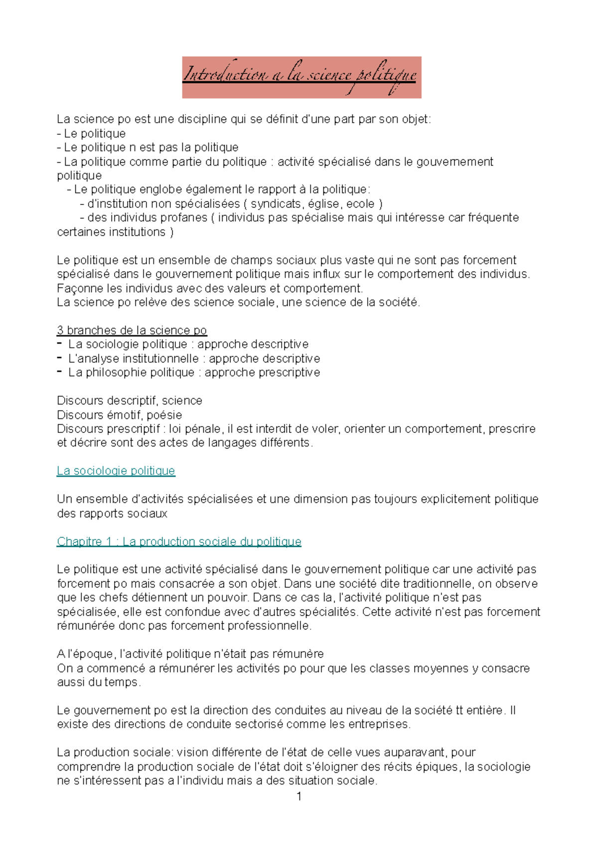 Leçon 1 - Intro - Introduction a la science politique La science po est ...