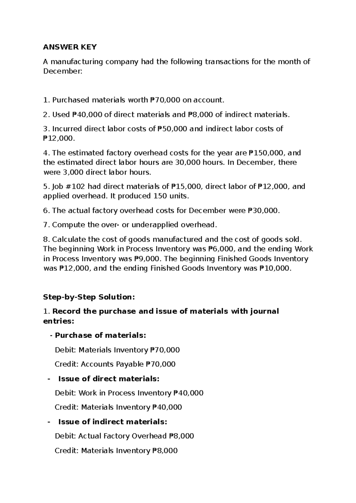 Cost Answer key group 1 - report last year - ANSWER KEY A manufacturing ...