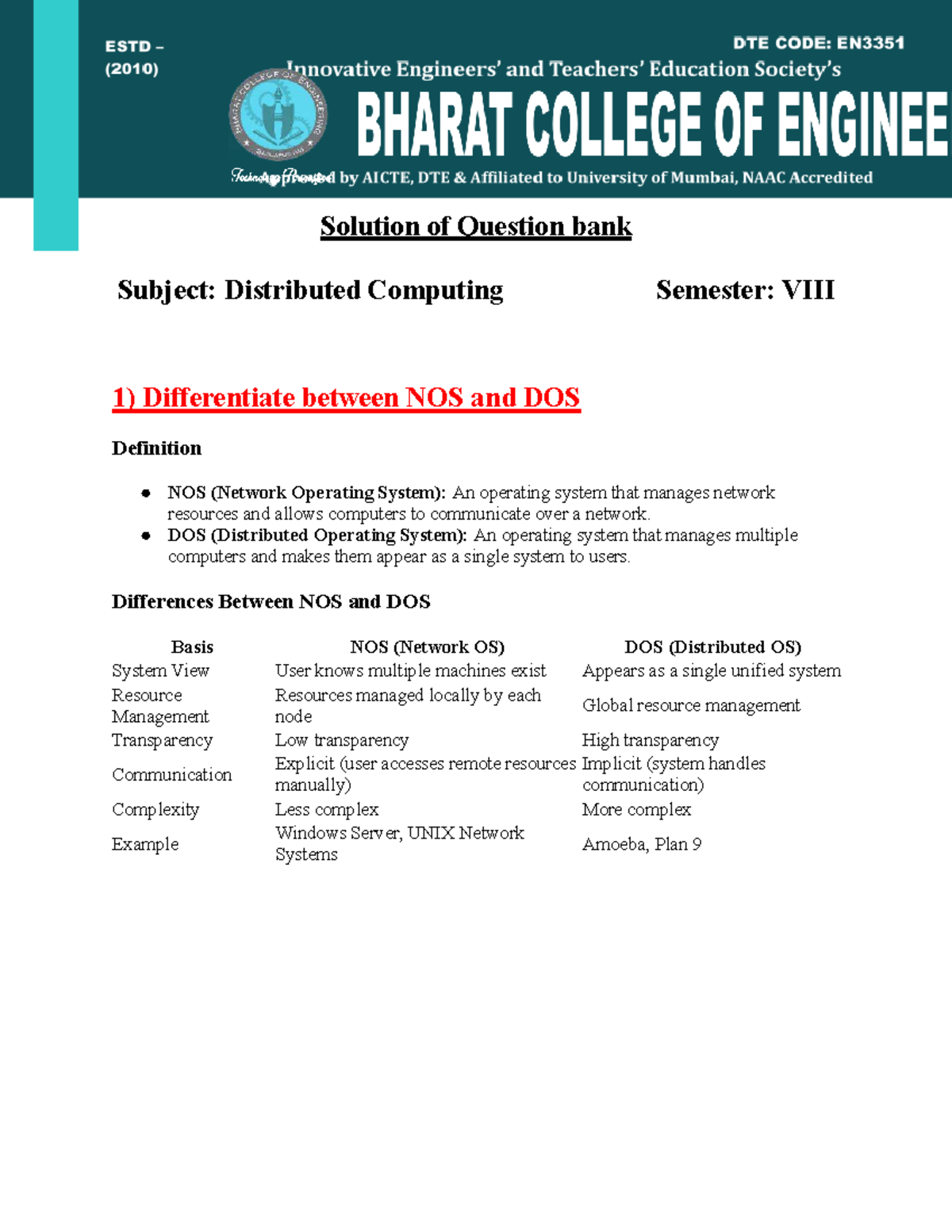 Solution of DC Question Bank - Distributed Computing UT 1 - Studocu