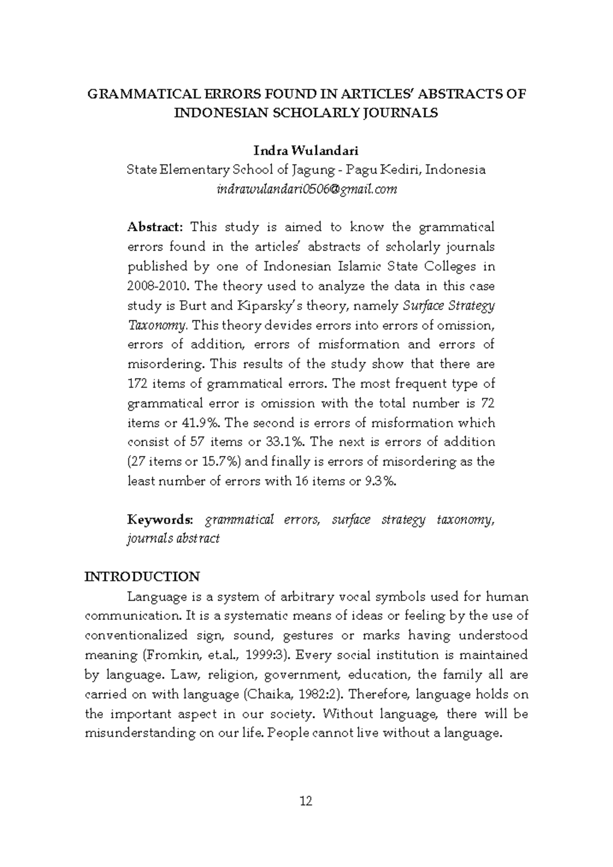 GRAMMATICAL ERRORS IN INDONESIAN JOURNALS ABSTRACTS: A CASE STUDY - Studocu