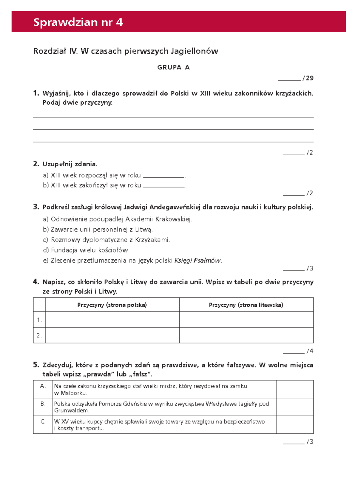 Klucz Sprawdzian Nr 4 Z Jagiellonów Kl 5