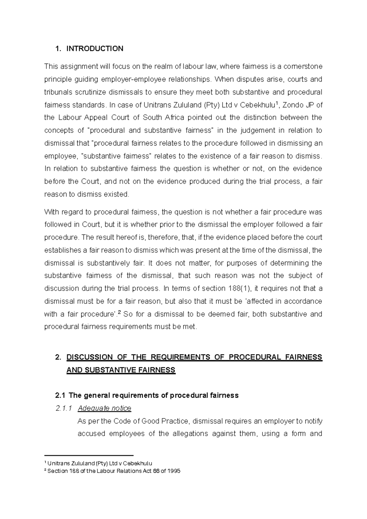 Labour Law Assignment: Procedural & Substantive Fairness Analysis - Studocu
