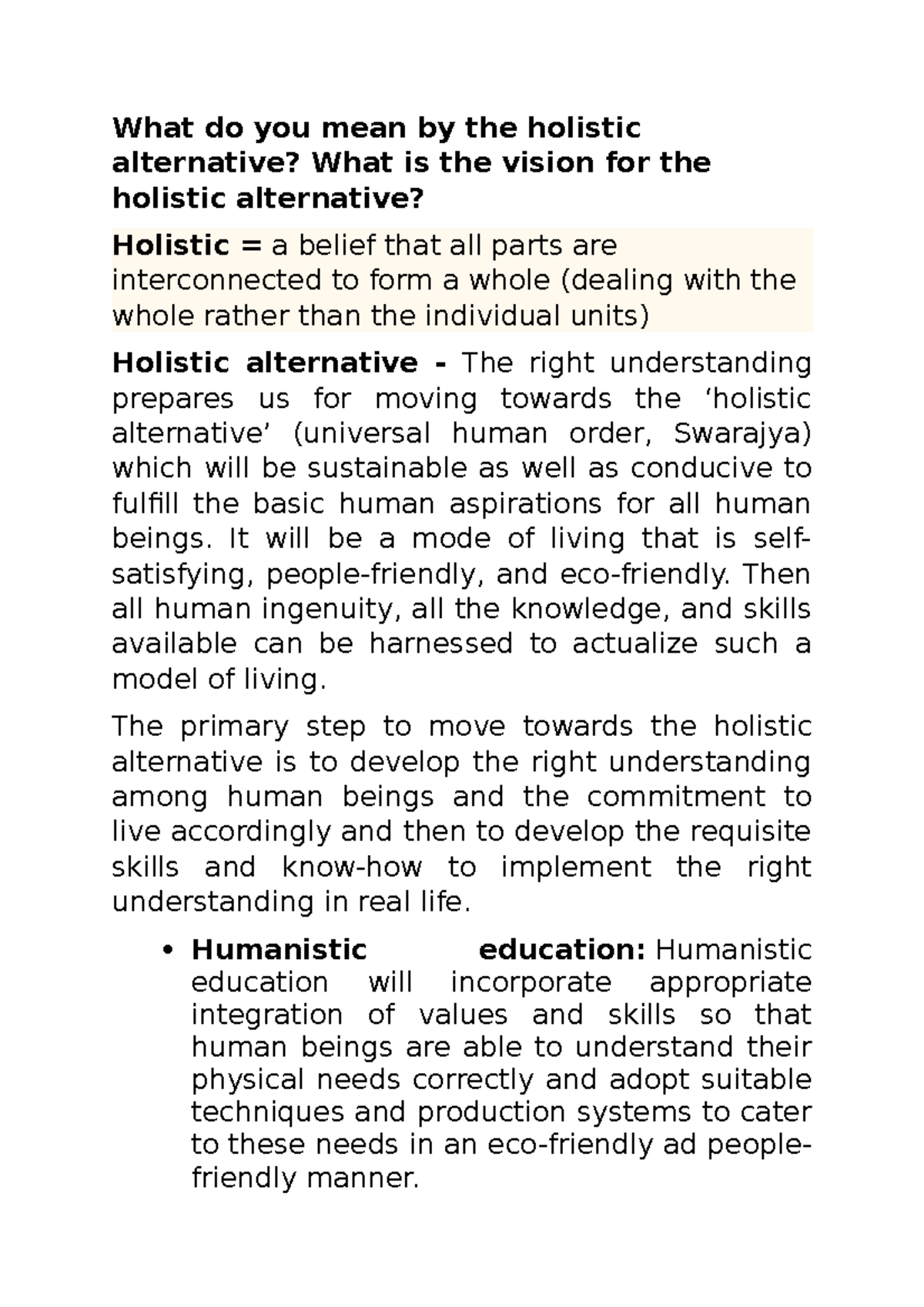 Unit 13-16: Vision and Understanding of Holistic Alternatives - Studocu