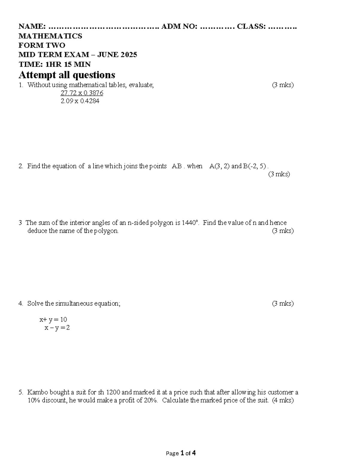 Mathematics 212: Form Two Midterm Exam June 2025 - Questions ...