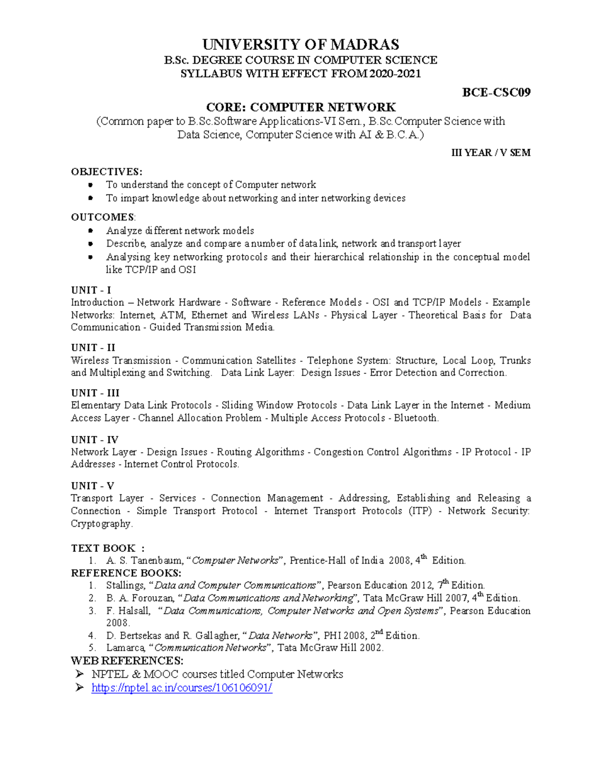 Computer Network Syllabus for B.Sc. CS (SU26A) - Year V Sem - Studocu