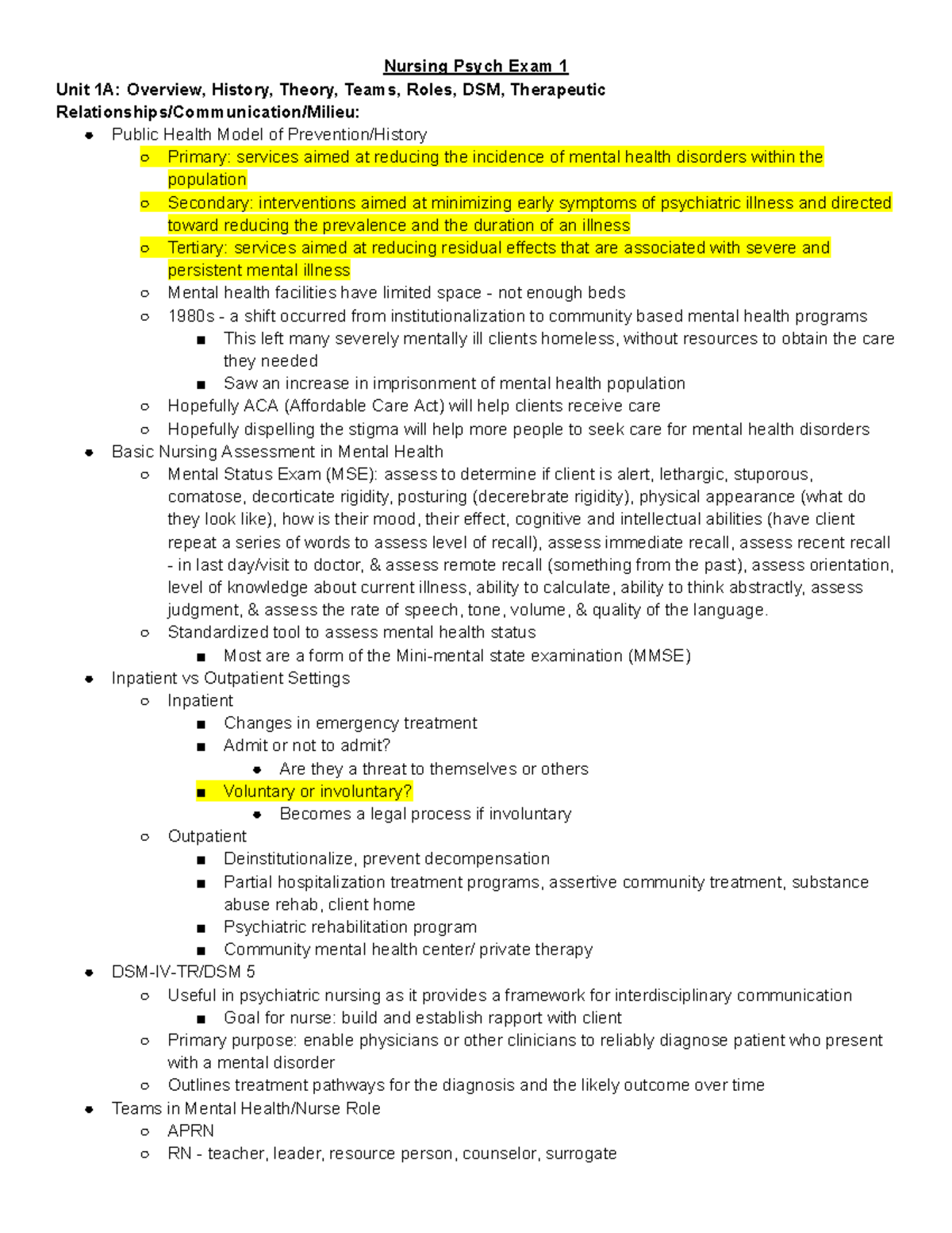 Final Review for Nursing Psych Exam 1 - Key Concepts & Strategies - Studocu
